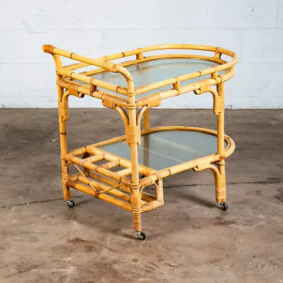 Mid Century Modern Serving Cart Trolley Bamboo Glass Rolling Bar Tile Tiki Cane • $598.98