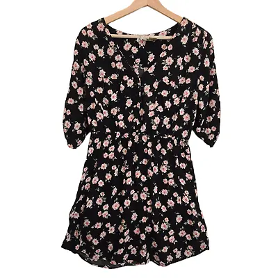 Mimi Chica Women Dress Medium Black Pink Floral Mini Button Up Roll Tab Sleeve • $12.99