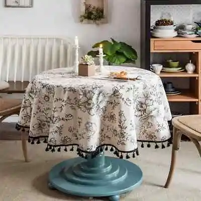 Cotton Linen Table Cloth Round Tablecloth Tassel Dust-Proof Floral Table Cover • $16.23