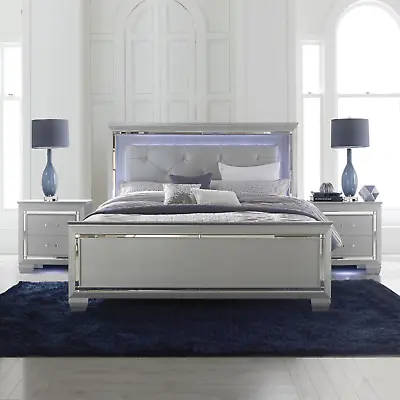 NEW Luxe LED Silver Gray Queen King Bed & Optional Nightstand Modern Bedroom Set • $999.99
