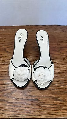 Chanel Sandals Mules Heels Camellia Flower CC Logo Black/white 40/ 9.5 • $450