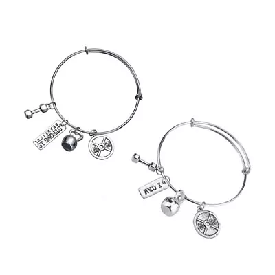  2 Pcs Man Strong Is Beautiful Bangle Barbell Pendant Bracelet Mens Gifts • £6.45