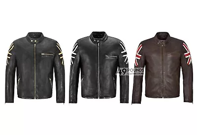 CAFE RACER Men's Leather Jacket UNION JACK Flag Soft Biker Style Fashion Jacket • £44.10