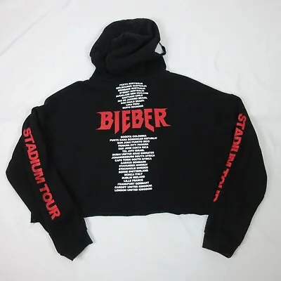 Justin Bieber Hoodie Women Large Black Statium Tour Concert Band Crop Pullover  • $18.95