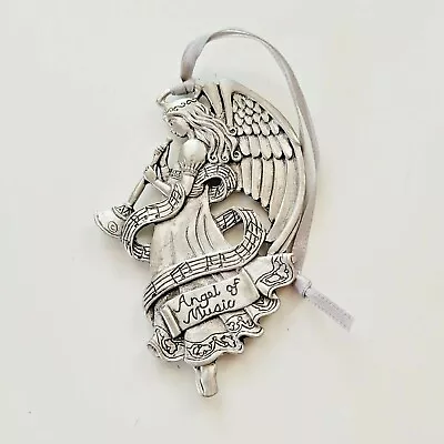 Angel Of Music Playing Horn Pewter Silver Tone Christmas Holiday Ornament • $12