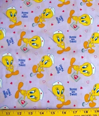 $9.50 • Buy 2/3 Yard LOONEY TUNES Yellow Nurses Are Tweety Bird Lavender Cotton Fabric