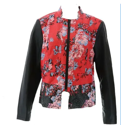 G.I.L.I. Faux Leather Mixed Floral Print Jacket Reg 10 Red Black A302679 • $31.99