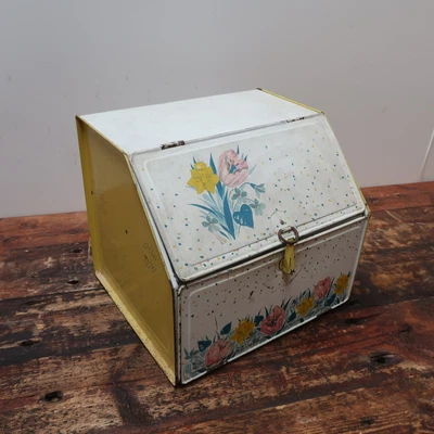 $60 • Buy Vintage Metal White And Yellow 2 Level Bread Box With Floral Design