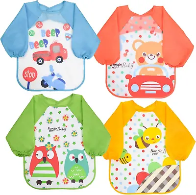 Vicloon Bibs With Sleeves 4 Pcs EVA Baby Bib Waterproof Long Sleeve Bib Unisex • £8.30