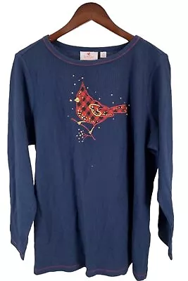 Quacker Factory Waffle Knit Top W/ Plaid Motif Detail Navy/Cardinal • $30.99