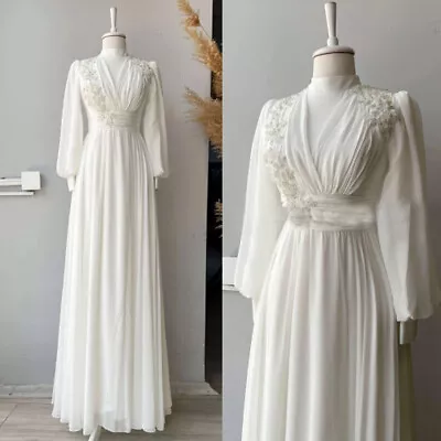 Boho White Chiffon Muslim Wedding Dresses V Neck  Lace Appliques  Bridal Gowns • $89.09