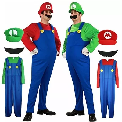 Mens Adult Super Mario And Luigi Cosplay Costume Fancy Dress Plumber Bros Outfit • £11.56