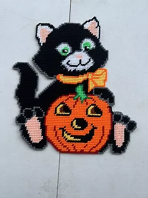 Vintage Needlepoint On Plastic Black Cat & Pumpkin - Yarn - 13” X 11” • $19.99