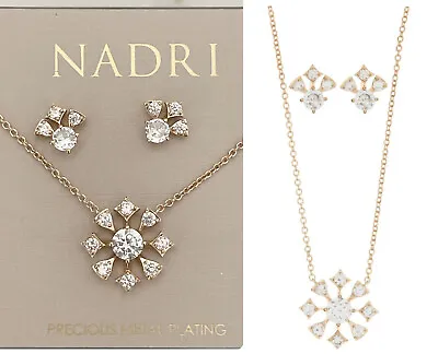Nadri CZ Snow Flake Cluster Pendant Necklace & Stud Earrings Set Goldtone NWT • $35.99