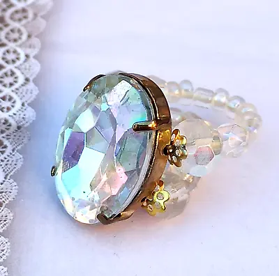 Vintage AB Ring Large Statement Aurora Borealis Stretchy Art Deco Oval Crystals • $23.20