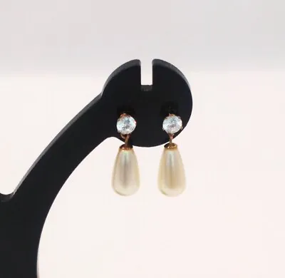 9ct Gold Pearl And CZ Dangle Drop Earrings • £20