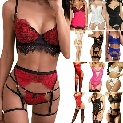 $11.30 • Buy Women Sexy Lingerie Stockings Set Push Up Bodysuit Thongs Suspender Belt Outfits