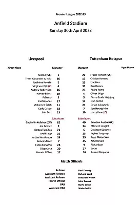 £1.75 • Buy Liverpool V Tottenham Hotspur 30/04/23 Premier League Unofficial TeamSheet