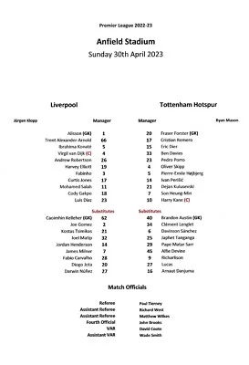 £1.75 • Buy Liverpool V Tottenham Hotspur 30/04/23 Premier League Unofficial TeamSheet