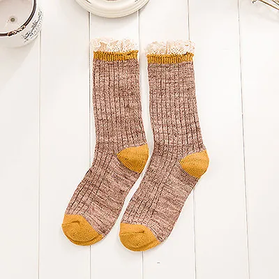 Ladies Cute Unique Colorful Cotton Rib Knitted Ankle/Crew Lace Trim Socks 1 Pair • £4.75