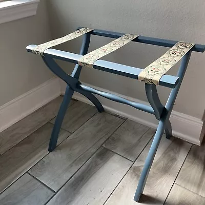 Vtg Blue Scheibe Folding Luggage Rack Suitcase Stand Wood Tapestry Contour Label • $125