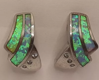 Vintage Diamond Opal Earrings 20mm 3/4  Long 925 Green Fire Inlaid Australian  • $70