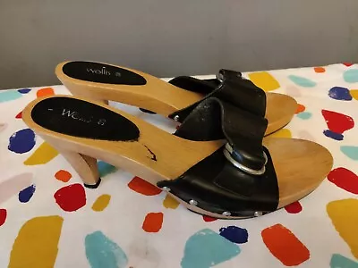 VTG Y2K Wallis Clogs Mules High Heels Shoes Wooden Size 39 Eur 6 Uk Black Strap • £20