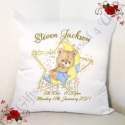 Personalised 18  Cushion - New Born Baby Boy Gift - Moon Bear - Style 1 • £15.99