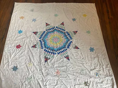 $113 • Buy Vintage Quilt Lone Star 81x78 Machine Quilted White Prairie Points Satellite
