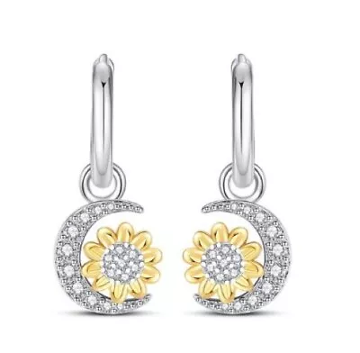 SUNFLOWER MOON HOOP EARRINGS S925 Sterling Silver By Charm Heaven NEW • $28.90