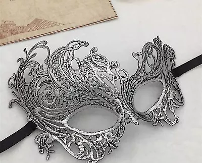 Silver Lace Venetian Floral Mask Masquerade Ball  Hen Do Metallic Shiny Uk Sexy • £3.99