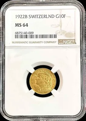 1922 B Gold Switzerland 10 Francs 3.225 Grams Helvetia Coin Ngc Ms 64 • $359