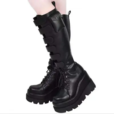 Women Platform Wedge Knee High Boots Buckle Round Toe Punk Knight Goth Heel Shoe • $54.03