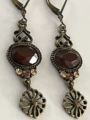 Lia Sophia Earrings Vintage Style Gold Tone Brown Rhinestones Pierced Ears • $7.98
