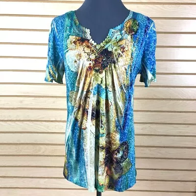 Mushka By Sienna Rose T-Shirt Women M Blue Floral Stretch Polyester • $8.70