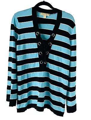 Michael Kors Womens Large Color Block Lace Up Slinky Knit Shirt Sweater Tunic • $29.36