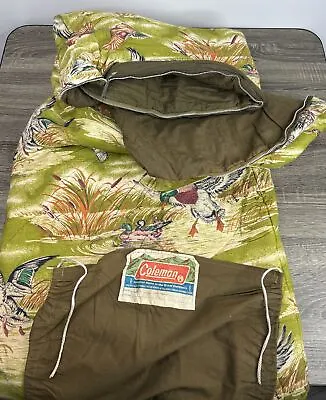 VTG Coleman Sleeping Bag Roll OD Green Flannel Flying Ducks Hunting Quilted 60’s • $99.99