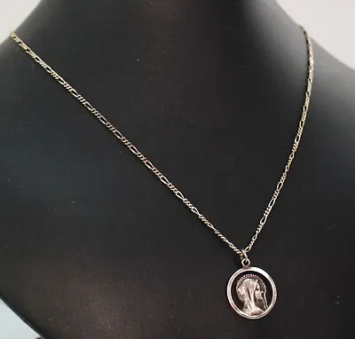 Vintage Sterling Silver Incised Bust Catholic Miraculous Medal 20  Figaro Chain • $20