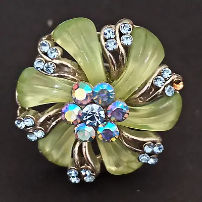 Flower Ring Pastel Pistachio Green Aurora Borealis Blue Crystals Statement VTG 8 • $12