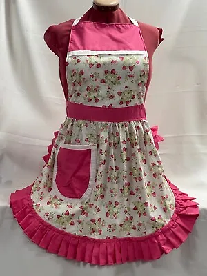 RETRO VINTAGE 50s STYLE FULL APRON / PINNY - STRAWBERRIES ON CREAM With PINK TRI • £30.99