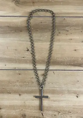 Vintage Large Cross Medal 24  Chain Necklace Silver Toned • $11.87