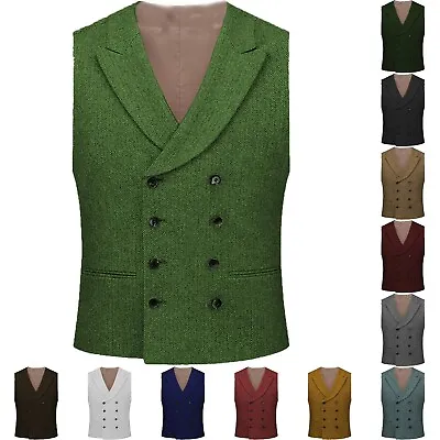 Mens Double-Breasted Vest Vintage Tweed Herringbone Waistcoat M Large XL XXL 3XL • $29.68