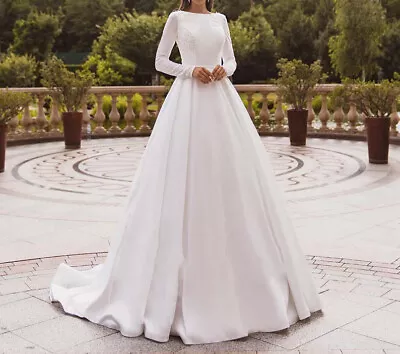 Elegant Muslim Wedding Dresses Long Sleeves Lace Satin A Line Bride Gown Train • $138.90