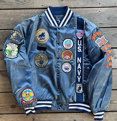 Vtg. US Navy XL Swingster Nylon Jacket SEABEES Embroidered & 30+ Patches • $255