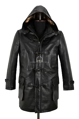 Men’s Duffel Coat Black Real Leather Hooded Knee Length Horn Toggle Jacket • £220