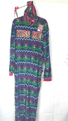 Holiday Time Men's Graphic Ugly Christmas Kiss Me Hooded W/Mistletoe Union Suit • $10.15