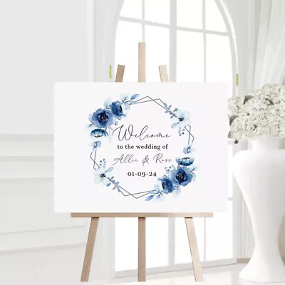 Personalised A2 Wedding Welcome Sign | Acrylic Sign | Foam Board | Blue Floral • £28.99