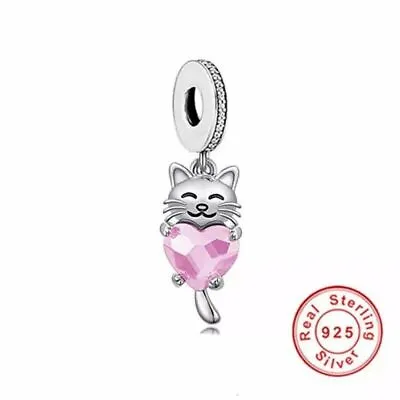 £15.95 • Buy 💖 Cat Kitten Pink Love Heart Charm Bead 925 Sterling Silver   💖
