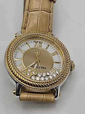 Judith Ripka Floating Hearts Crystas Gold Tone Watch Tan Leather Band • $89