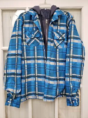 Mens Plaid Blue Grey Casual Hooded Button Down Hoodie Jacket Size Large  • $16